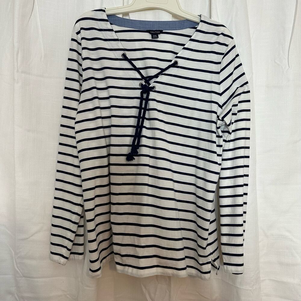 Nautica Blue and white long sleeve light weight 100% Cotton Top XXL